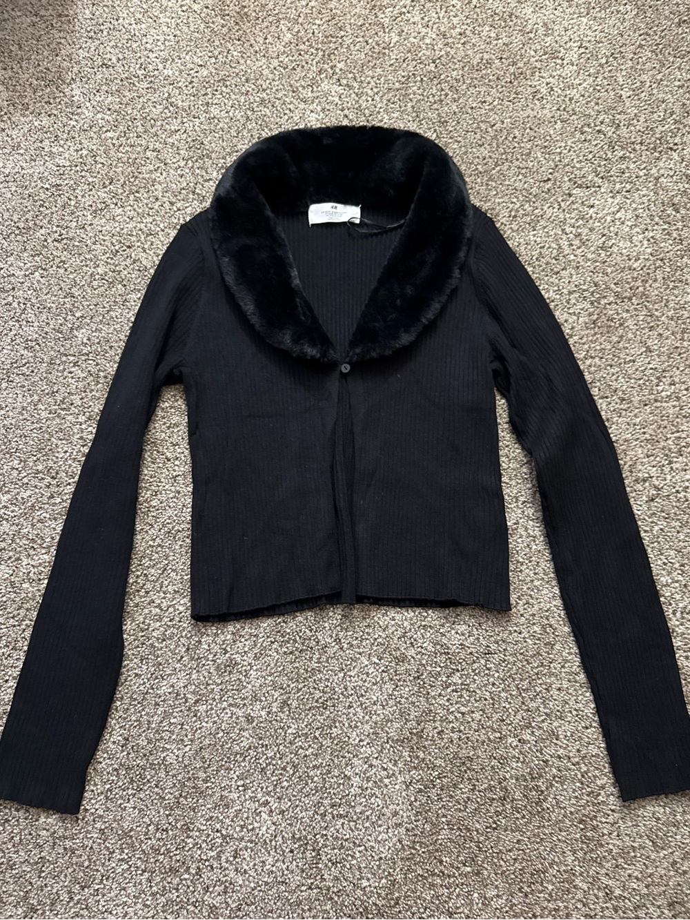 H&M Black Ribbed Cardigan Jacket with Faux-Fur Collar